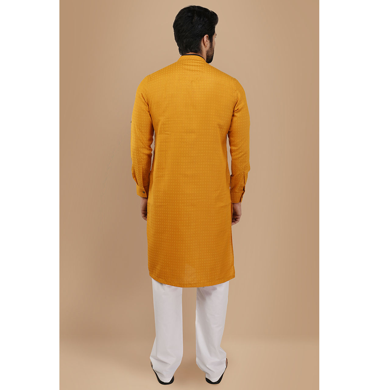 Mustard Yellow Self Design Asymmetrical Kurta image number 2